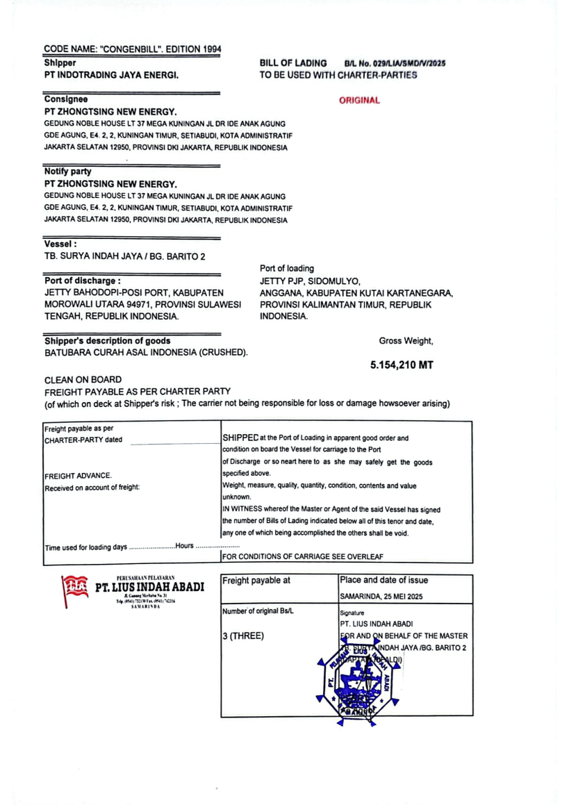 BILL OF LADING - PT INDOTRADING JAYA ENERGI